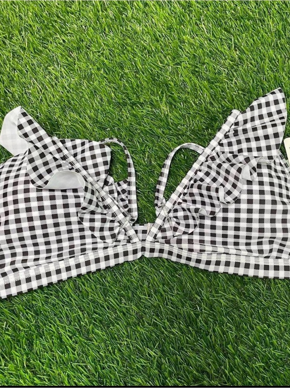 Gingham Ruffle Bikini Top - Black & White